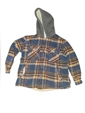 8/2/13.Boys Silver Point Hooded Plaid Puffer Jacket in Blue and Brown